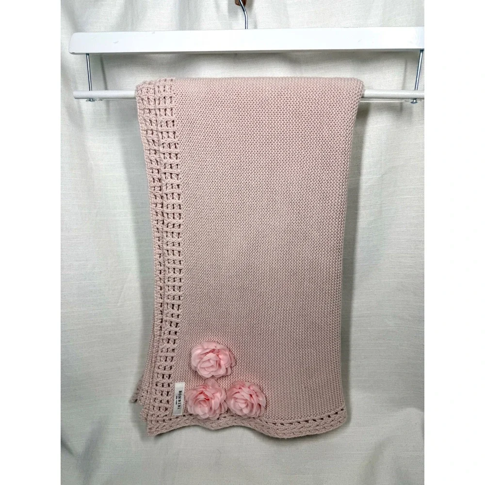 Bonbini New York Blush Pink Cotton Baby Blanket Rosette Appliqué 0-6M 33x46